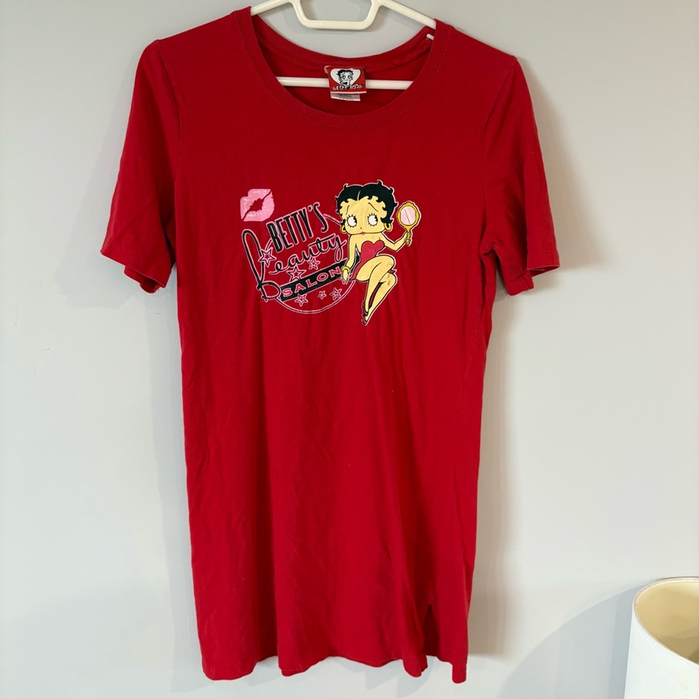 VINTAGE BETTY BOOP Retro Red Short Sleeve Tee Shirt Dress Pink Kiss Graphic - Picture 8 of 12